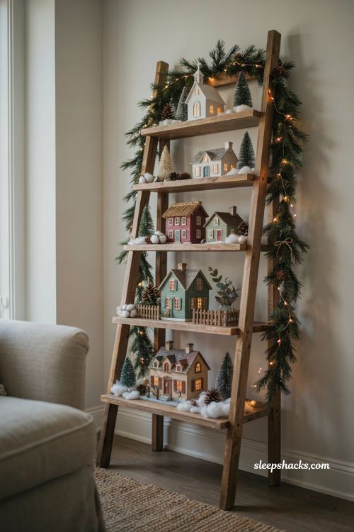 Tiered shelf Christmas village display with miniature houses snowy levels faux pine and warm lights 