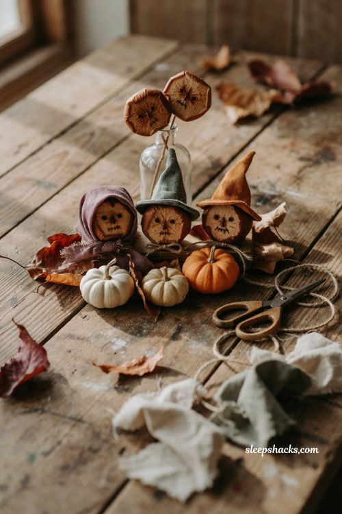 Tiny apple core witch heads for a rustic Halloween DIY craft