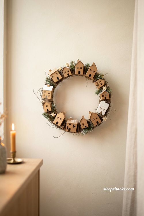 Tiny house Christmas wreath DIY with miniature paper village houses in white and kraft paper 