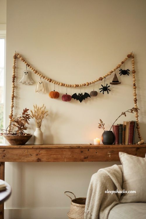 Wooden bead Halloween garland DIY with handmade ornaments and neutral farmhouse decor 