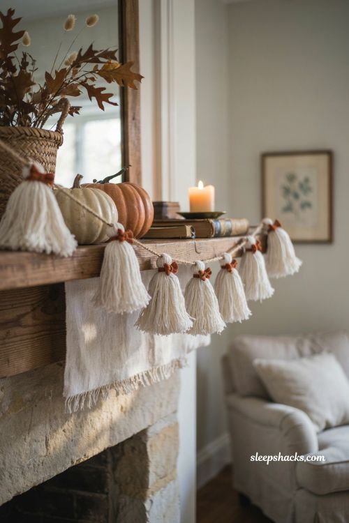  Yarn tassel ghost garland DIY with white ghosts and orange bows 
