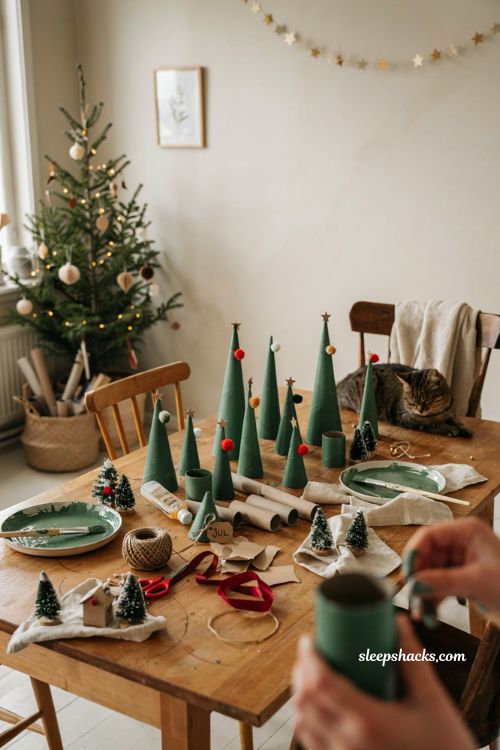 Toilet paper roll Christmas trees craft for kids with pom poms and recycled cardboard