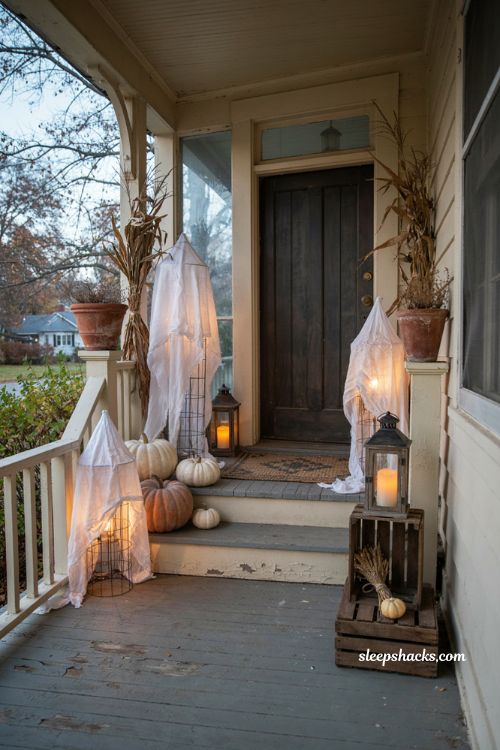 Tomato cage ghost lanterns for a cozy DIY Halloween front porch