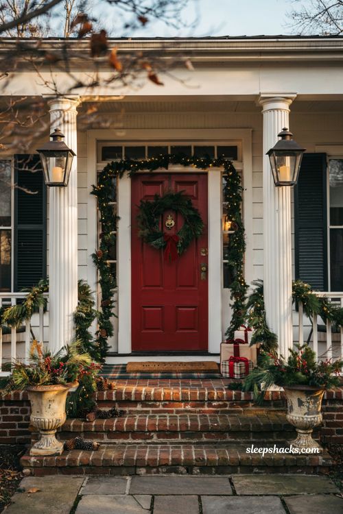 Traditional christmas porch decor with classic red and green holiday entry styling