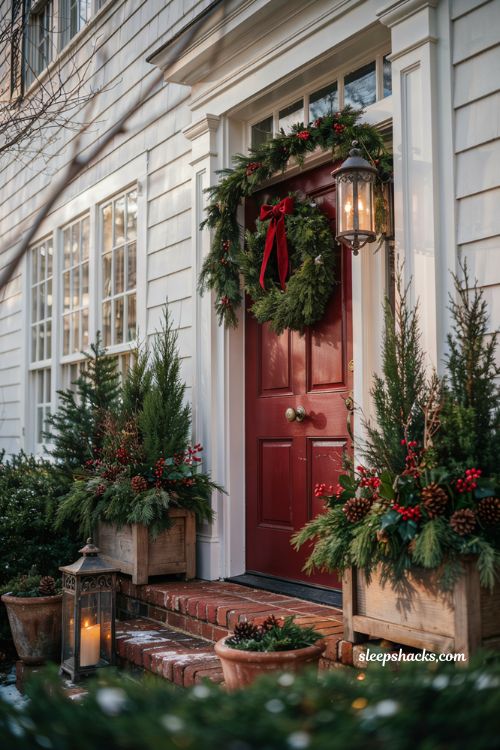 Traditional christmas porch decor with evergreen window boxes and red berry accents