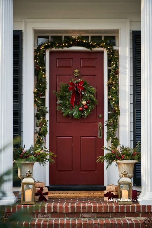 Traditional christmas porch decor with pine wreath red ribbon and classic holiday ornaments