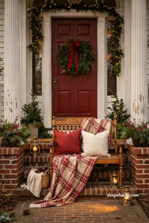 Traditional christmas porch decor with red plaid throw blanket and cozy holiday seating