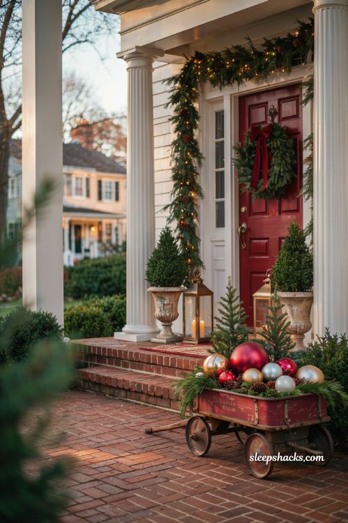 Traditional christmas porch decor with red wagon filled with oversized holiday ornaments