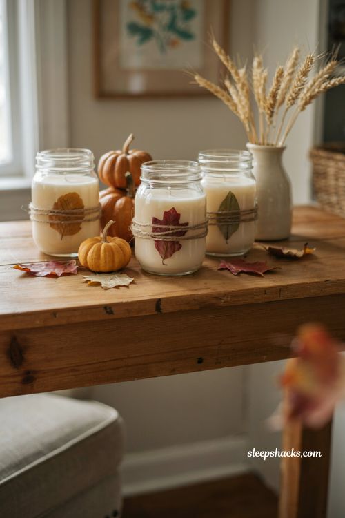 Twine wrapped mason jar candle with tucked pressed fall leaves