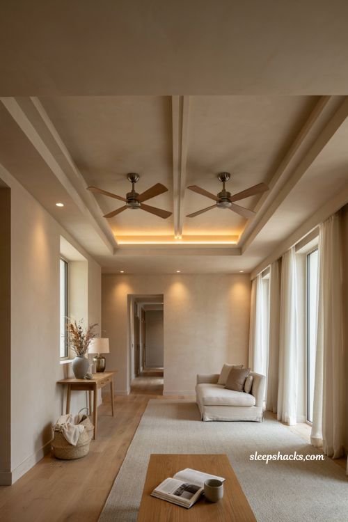 Two fan symmetrical fall ceiling design with center lighting and modern hall interior
