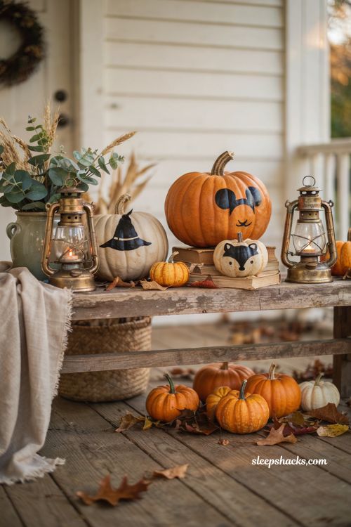 Unique pumpkin decorating ideas with character silhouette pumpkins for nostalgic fall porch decor