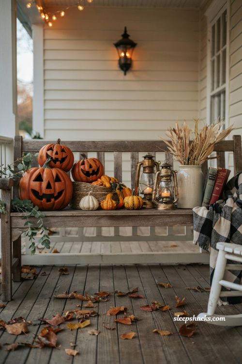 Unique pumpkin decorating ideas with faux carved painted pumpkins for long lasting Halloween porch decor