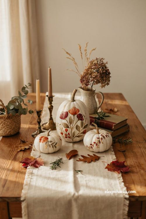 Unique pumpkin decorating ideas with floral botanical pumpkins for elegant autumn table decor