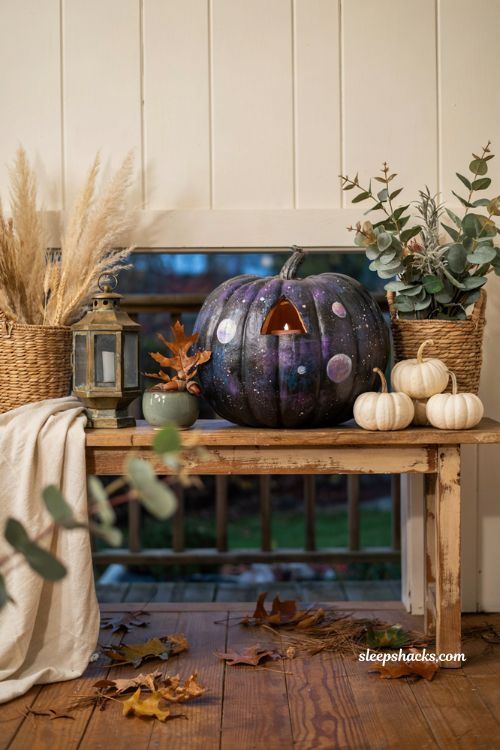 Unique pumpkin decorating ideas with galaxy night sky pumpkin for magical fall porch decor