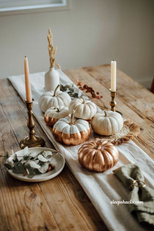 Unique pumpkin decorating ideas with gold dipped metallic pumpkins for elegant fall table decor