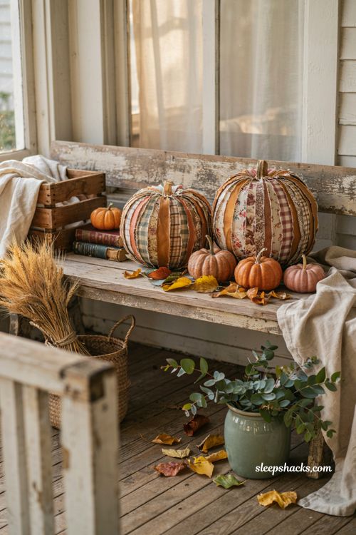 Unique pumpkin decorating ideas with layered paper collage pumpkins for creative fall porch decor