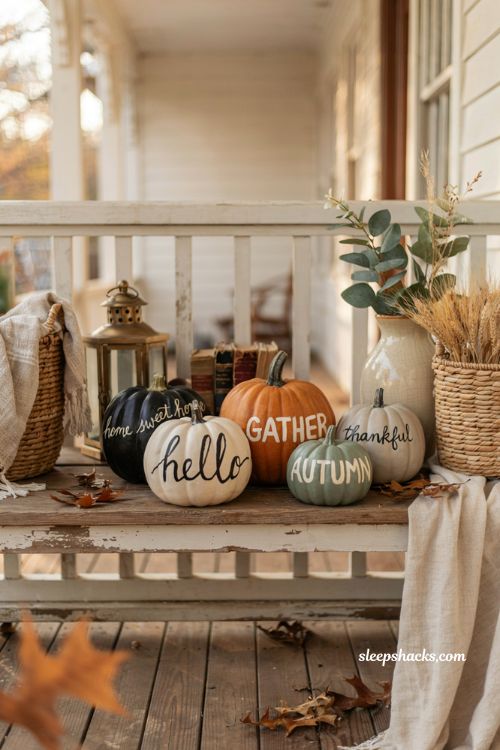 Unique pumpkin decorating ideas with painted word pumpkins for cozy farmhouse porch decor