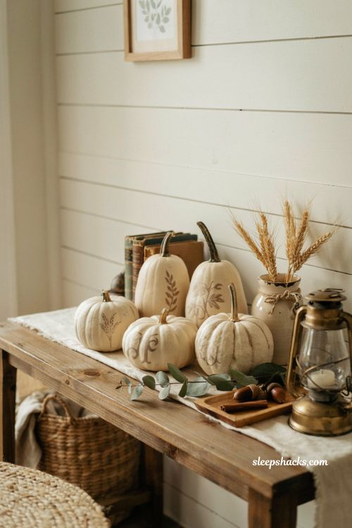 Unique pumpkin decorating ideas with rustic farmhouse stencil pumpkins for cozy fall decor