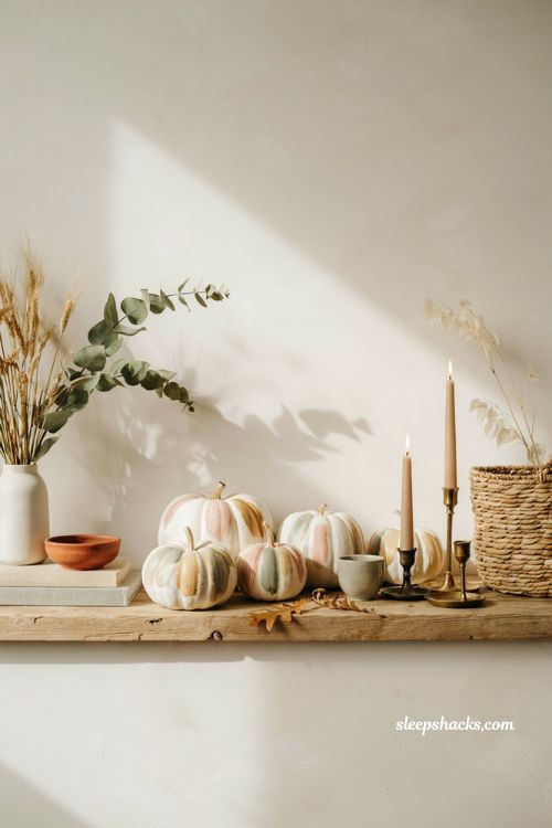 Unique pumpkin decorating ideas with watercolor wash pumpkins for soft autumn mantel decor
