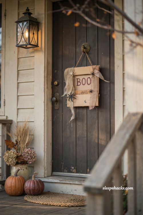 Upcycled Halloween door hanger with burlap ribbon spiders and rustic photo mat