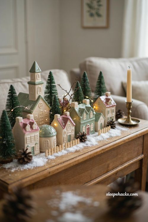 Upcycled ceramic Christmas village houses with thrifted pieces painted in a soft coordinated palette 