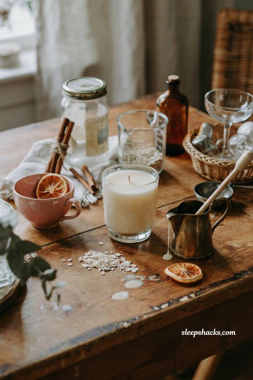 Upcycled vintage glass candle with soy wax and rustic DIY fall candle ideas
