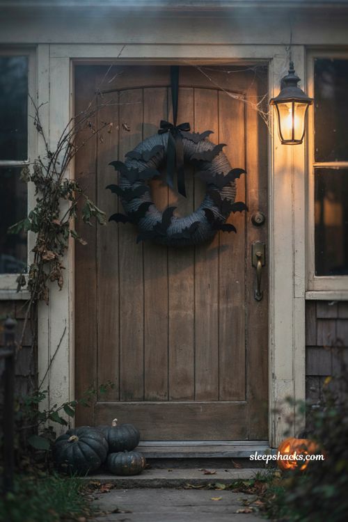 Vampire bat Halloween wreath with flying black bats and charcoal yarn