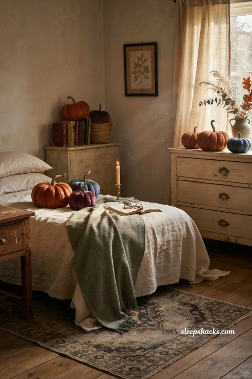 Velvet pumpkin Halloween bedroom decor with cozy autumn accents