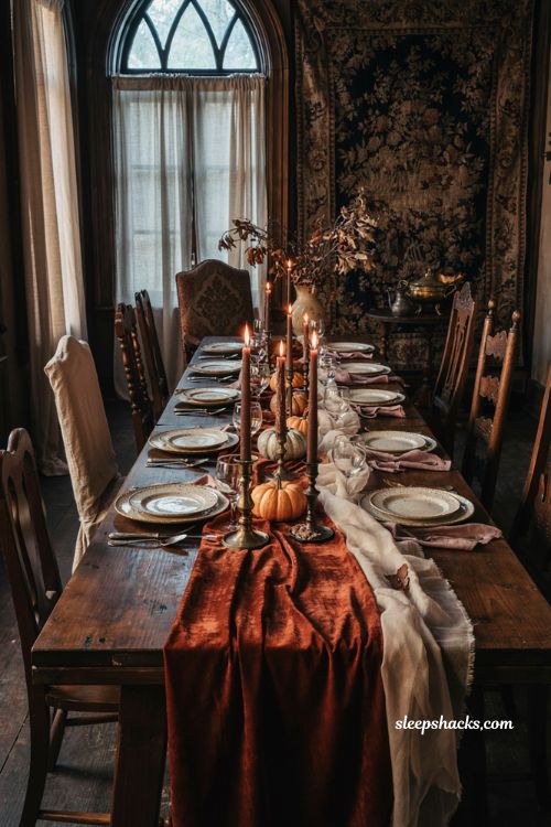 Velvet table runner elegant Halloween dining room decor with candles