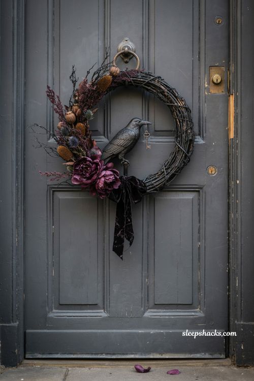 Victorian raven wreath with deep plum peonies purple thistle skeleton key and gothic Halloween decor
