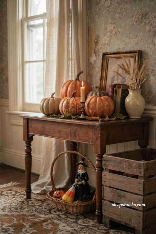 Vintage Halloween pumpkin decor with old paper mache pumpkins and nostalgic autumn styling