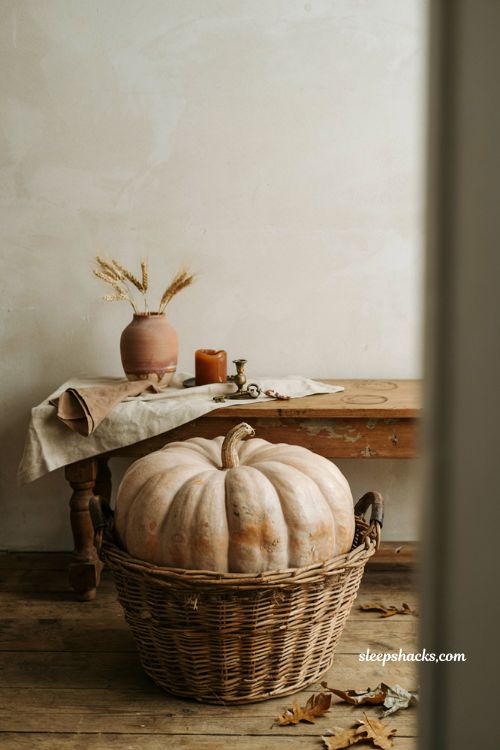 Vintage basket with single statement pumpkin and rustic fall entryway decor