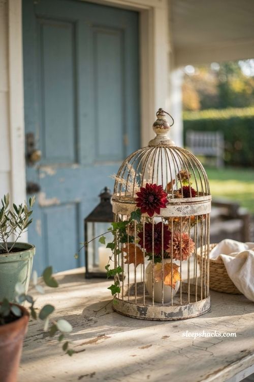Vintage birdcage floral arrangement with dahlias vines and dried grasses for fall decor
