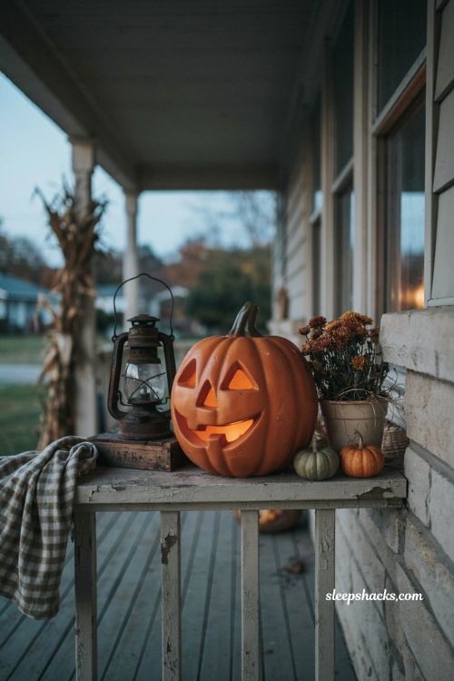 Vintage blow mold jack o lantern with faded orange glow on nostalgic Halloween porch