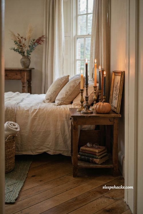 Vintage candlesticks Halloween bedroom with warm cozy evening decor