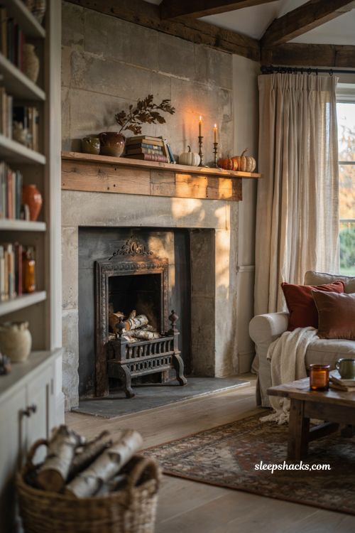 Vintage cast iron fireplace grate in a cozy fall living room