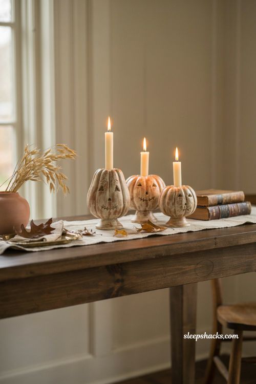 Vintage ceramic pumpkin candle holders with distressed finish and fall mantel decor
