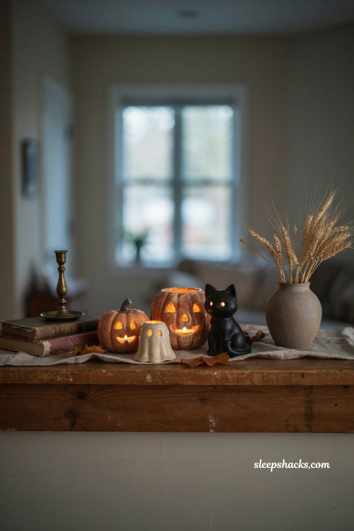 Vintage ceramic pumpkin tealight jars with glowing faces and cozy Halloween mantel decor