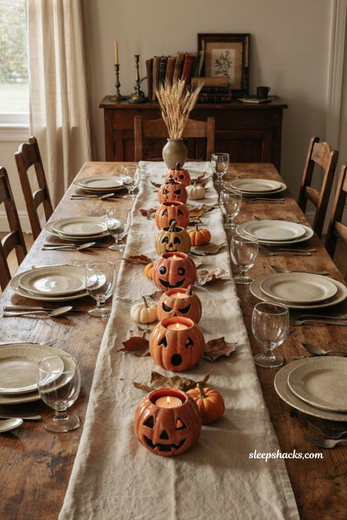 Vintage ceramic pumpkin votive holders with glowing faces and Halloween dinner table decor
