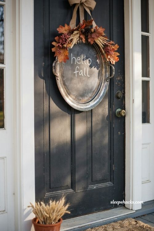 Vintage chalkboard tray wreath with rustic fall foliage and farmhouse charm