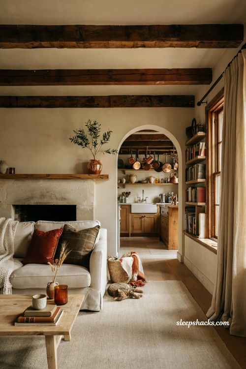 Vintage copper cookware decorating a cozy fall living room and kitchen