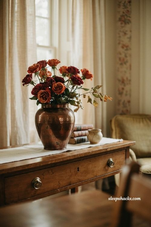 Vintage copper vase with deep red and burnt orange autumn roses