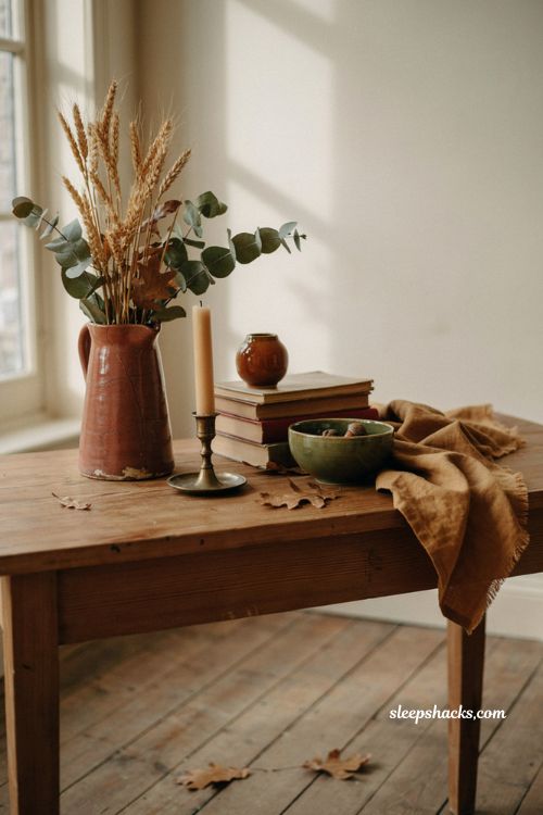 Vintage fall decor in muted rust olive green mustard and cream