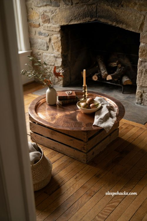 Vintage fall decor with a large aged copper tray accent table