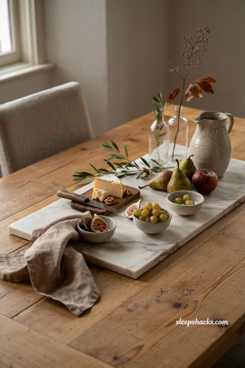 Vintage fall decor with a neutral stone tray and seasonal fruit