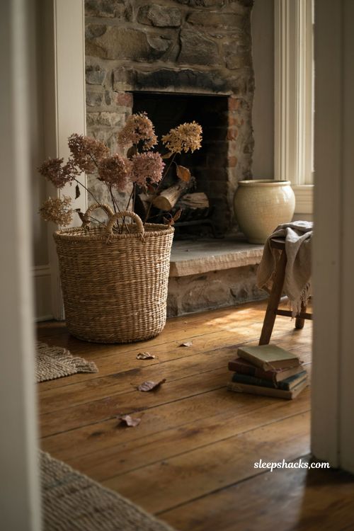 Vintage fall decor with dried hydrangeas in an old woven basket
