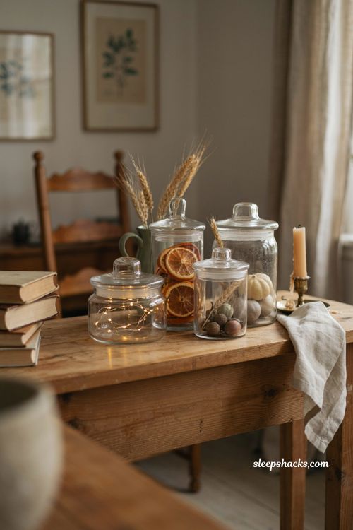 Vintage fall decor with old glass jars and glowing fairy lights