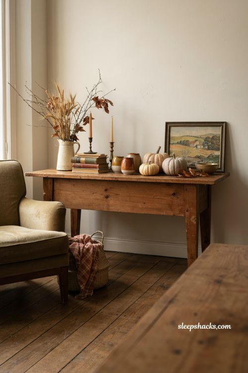 Vintage fall decor with thrifted finds and cozy autumn accents