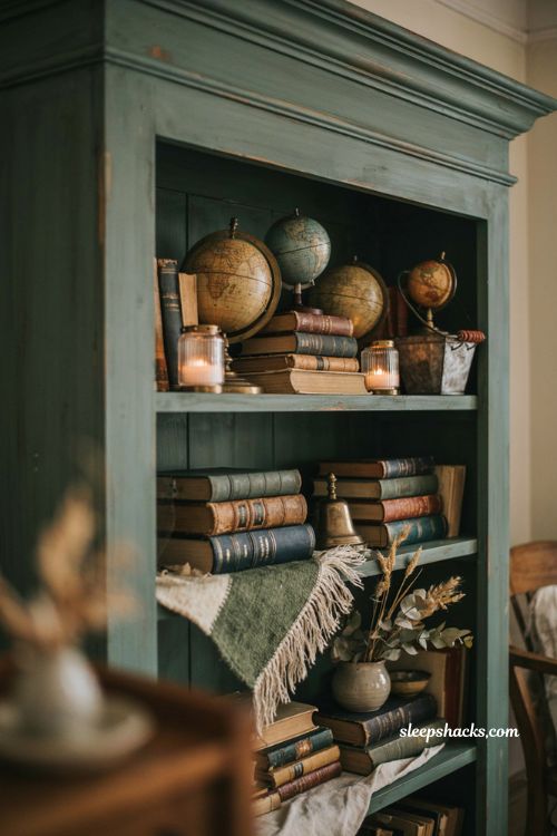 Vintage fall decor with thrifted globes on a tall bookcase