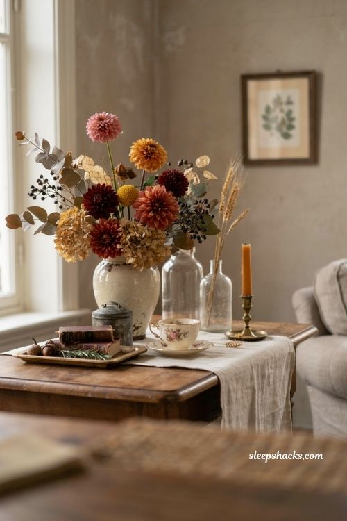 Vintage fall floral arrangements in chipped vase with rust burgundy and dusty orange flowers